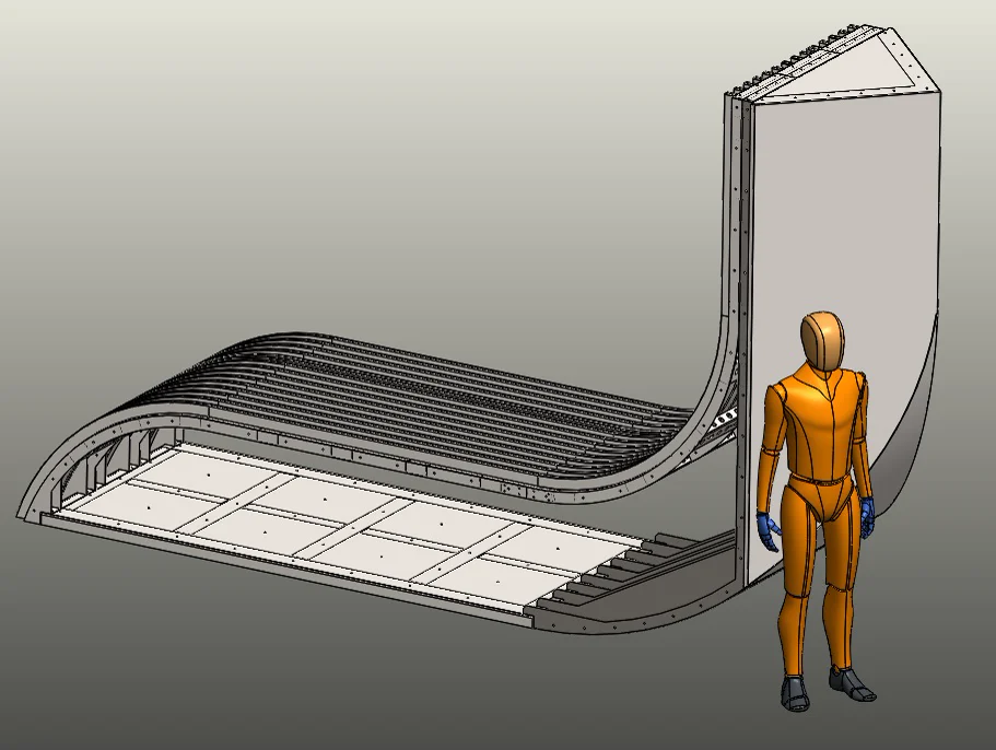 CAD model of a large curved panel assembly, with a human reference for scale