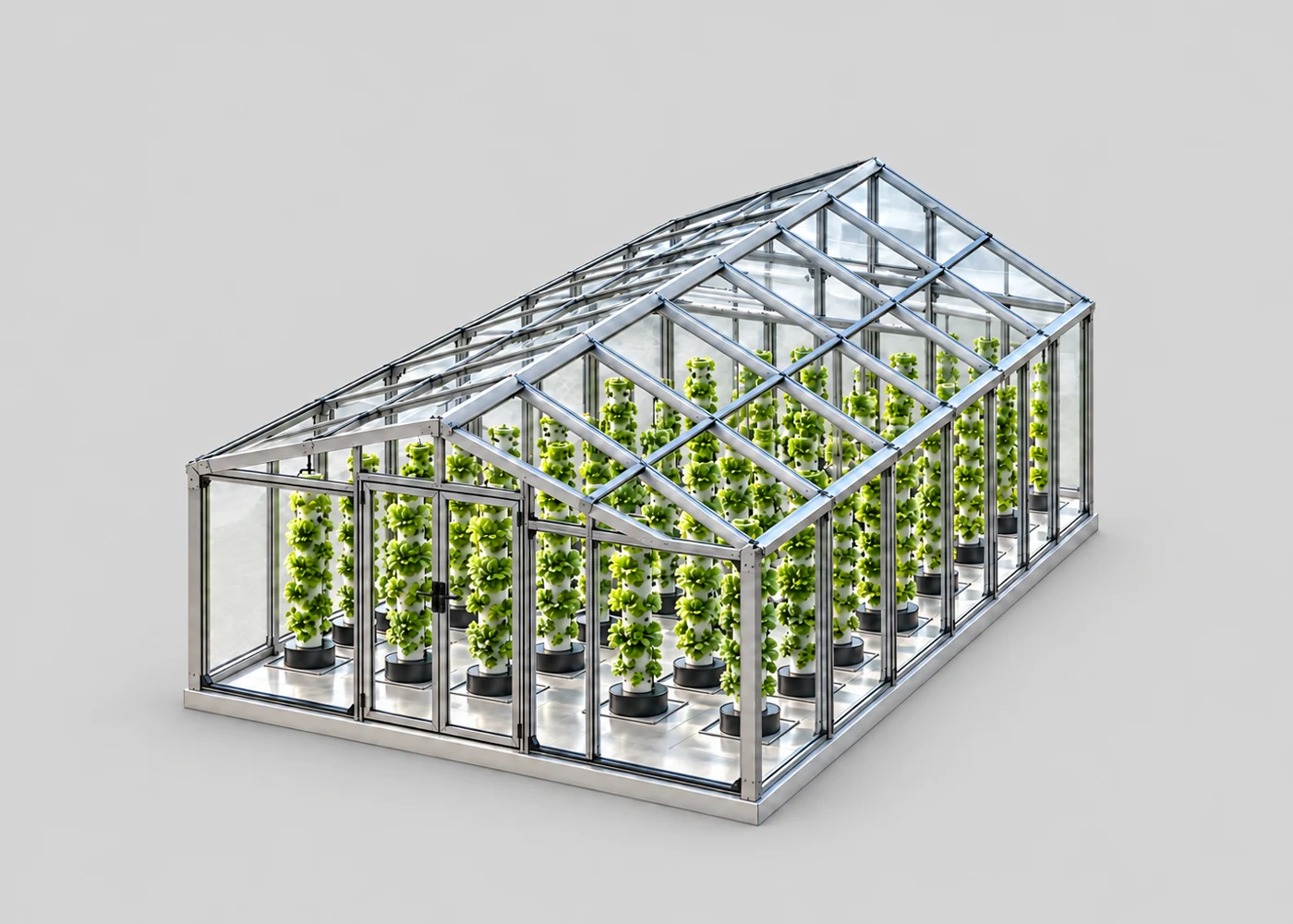 Greenhouse containing vertical hydroponic growing towers