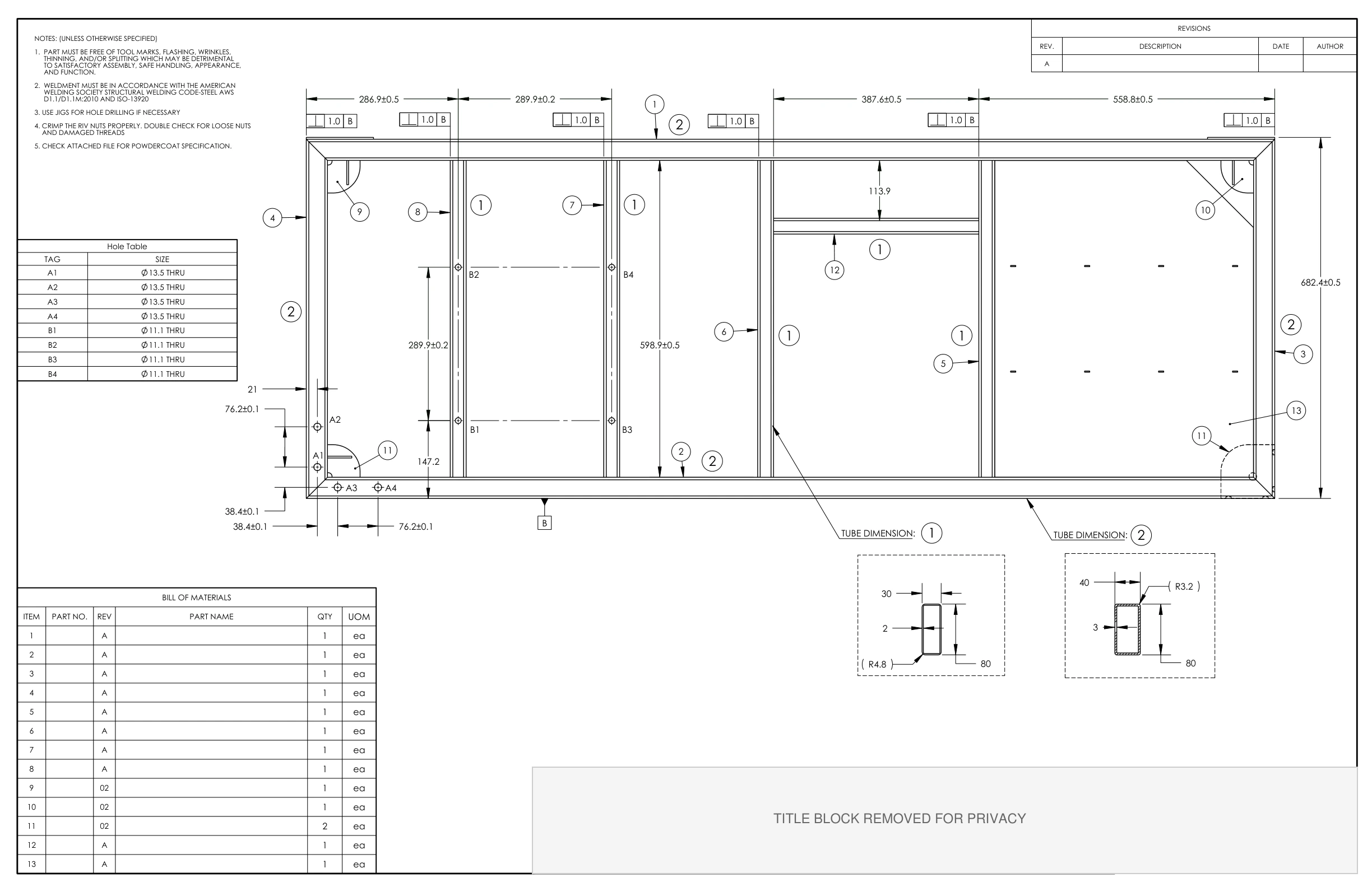 Sanitized first sheet of a weldment drawing showing dimensions, notes, hole table, and fabrication callouts; title block and identifying details removed